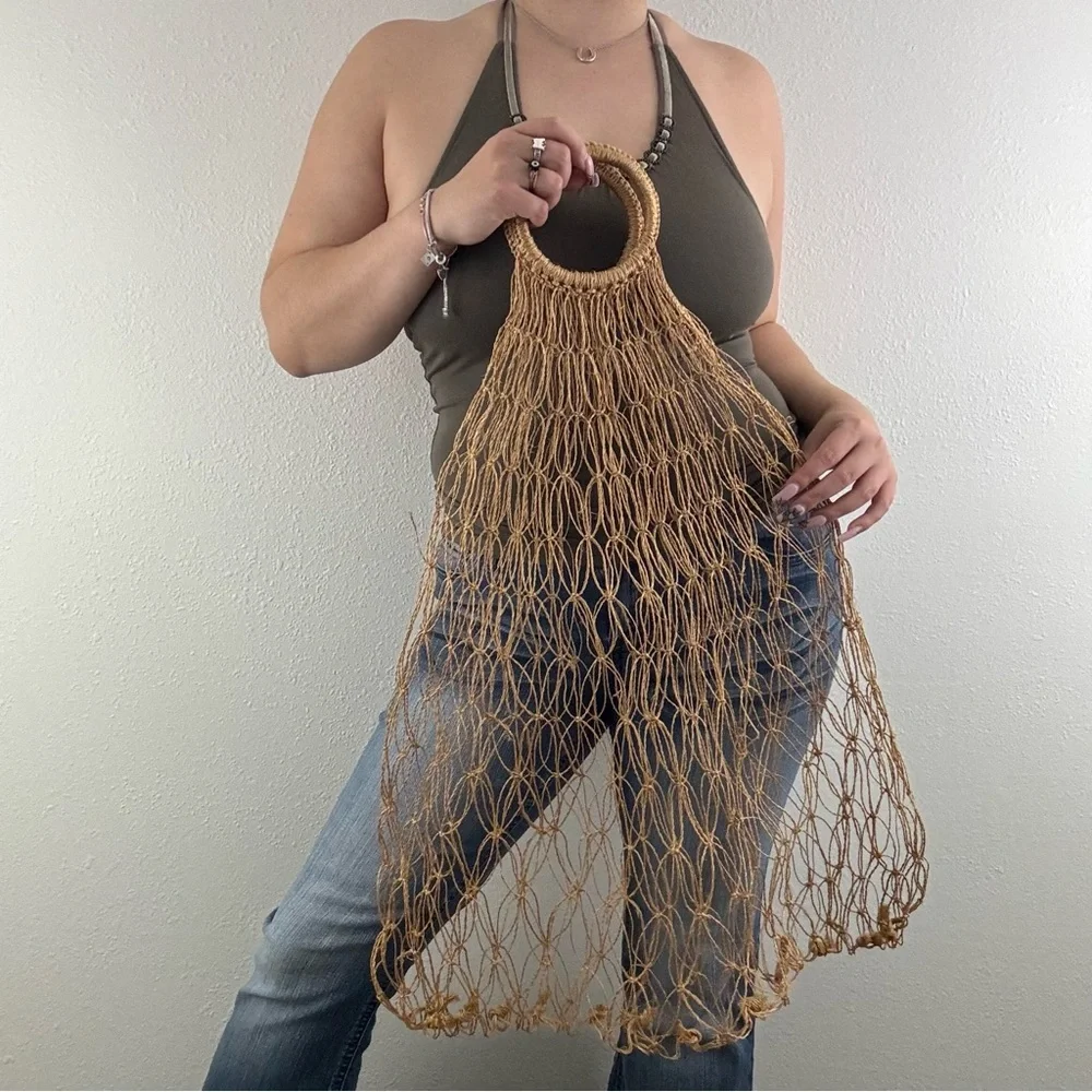 Vintage 90s Handmade Woven Straw Crochet Net Jute Farmers Market Large Tote Bag